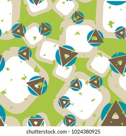 Seamless texture of randomly arranged triangles, squares and circles. Six-color pattern. Cheerful background.