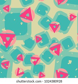 Seamless texture of randomly arranged triangles, squares and circles. Six-color pattern. Cheerful background.