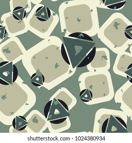 Seamless texture of randomly arranged triangles, squares and circles. Six-color pattern. Cheerful background.