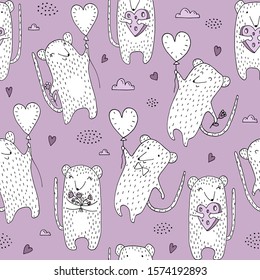 Seamless texture with rats, hearts and hand drawn elements. Childish background, drawing with line-art. Eps10 vector.