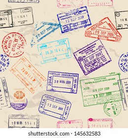Seamless texture with real visa stamps from 9 countries. Vector illustration EPS8