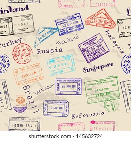 Seamless texture with real visa stamps from 9 countries. Vector illustration EPS8