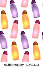 Seamless texture realistic bottles of shower gel. Vector pattern for your creativity