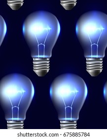 Seamless texture with realistic light bulbs in a row and light. Vector pattern for your creativity