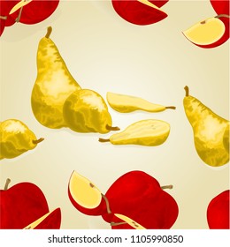 Seamless texture red apple and ripe yellow pear fruit healthy lifestyle vintage vector illustration editable hand draw