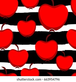 Seamless texture with red apples on a background of black and white wide roughly drawn strips