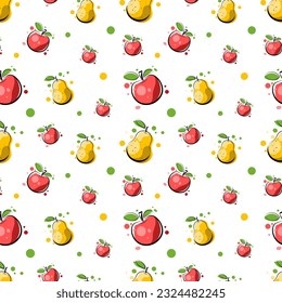 Seamless texture with red apples and yellow pears on a white background. Vector illustration in doodle style.