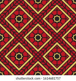 Seamless texture with red arabic ornament. Vector oriental geometric mosaic pattern