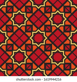 Seamless texture with red arabic ornament. Vector oriental geometric mosaic pattern