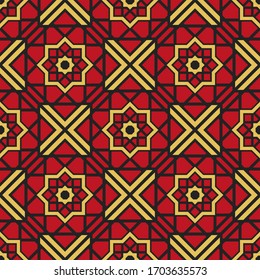 Seamless texture with red arabic ornament. Vector oriental geometric mosaic pattern