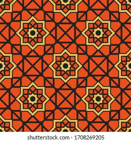 Seamless texture with red arabic ornament. Vector oriental geometric mosaic pattern