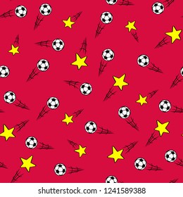 Seamless texture. Red background. Soccer balls and shooting stars with action lines. Vector illustration in comic style