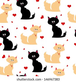 seamless texture with red and black cats and hearts