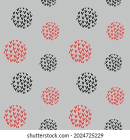 Seamless texture of red and black circles filled with hearts on a light gray background.