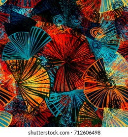  Textura sin inconvenientes. Colores rojo, azul y negro. Flores exóticas estilizadas. Fondo abstracto vectorial para página web, banners, tela, decoración doméstica, envoltura, diseño boho.