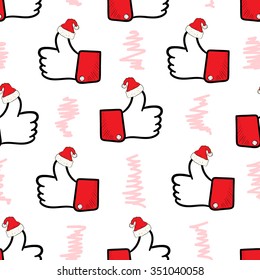 Seamless texture with red Christmas likes in caps