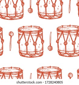 Seamless texture with red drums. Repeating background with musical instrument. A great background for your design