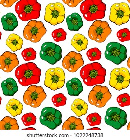 Seamless texture of red, green, orange, yellow juicy sweet peppers. Vector illustration.