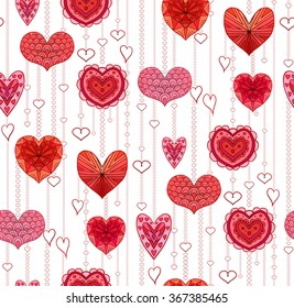 Seamless texture with red hanging doodle hearts for your creativity