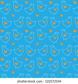 Seamless texture of red hearts and birds on a blue background./ The heart and the birds.