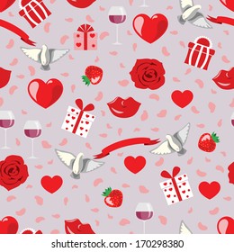 Seamless texture with red hearts, roses, pigeons and another attributes of Valentine's day.
