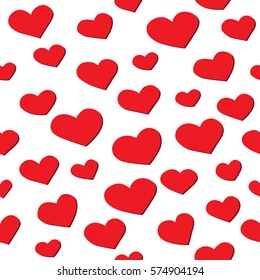 Seamless texture of red hearts with shadow on white background