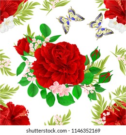 Seamless texture red hibiscus tropical flowers and red rose  with jasmine  and butterfly vintage  vector editable illustration hand drawn