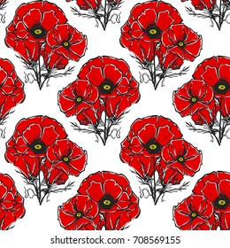 Seamless texture with red poppies on a white background. Repeated pattern. It can be used as wallpaper, desktop, printing, wrapping, fabric or background for your blog, covers and your design. 