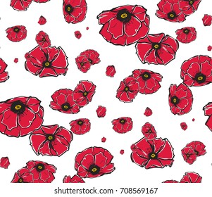 Seamless texture with red poppies on a white background. Repeated pattern. It can be used as wallpaper, desktop, printing, wrapping, fabric or background for your blog, covers and your design. 