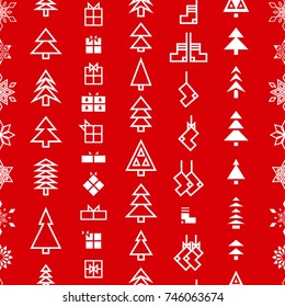 Seamless texture with red and white Christmas trees, snowflakes, gifts and socks on a red background