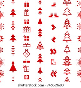 Seamless texture with red and white Christmas trees, snowflakes, gifts and socks on a white background
