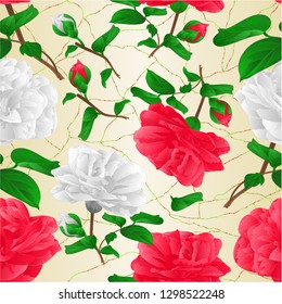 Seamless texture red and white lowers Camellia Japonica  with buds cracked background vintage vector illustration editable  hand draw