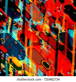 Seamless texture. Red, yellow, blue, black colors. Geometric elements and vertical brush strokes.  Abstract vector background for web page, banners, fabric, home decor, wrapping 