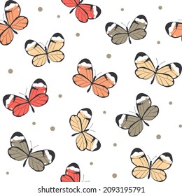 Seamless texture - red, yellow, orange and beige butterflies isolated on a white background. Drawing in warm colors. Texture for textiles, packaging, wallpaper, clothing. Vector illustration.