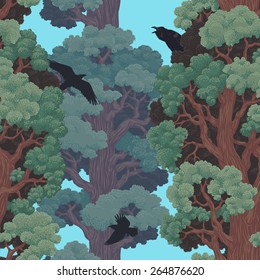 Seamless texture with redwoods and crows. Hand drawn tile texture. Ukraine
