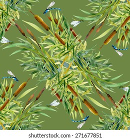 Seamless texture with reed and dragonflies on green background vector illustration