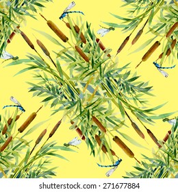 Seamless texture with reed and dragonflies on yellow background vector illustration