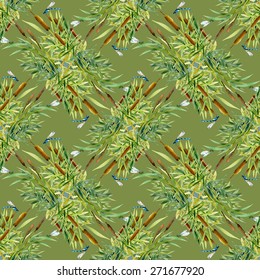 Seamless texture with reed and dragonflies on green background vector illustration