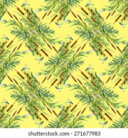 Seamless texture with reed and dragonflies on yellow background vector illustration