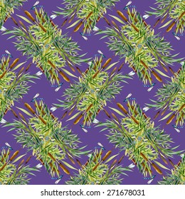 Seamless texture with reed and dragonflies on purple background vector illustration