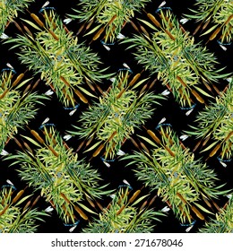 Seamless texture with reed and dragonflies on black background vector illustration
