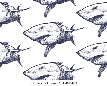 Seamless texture. Repeating background. Tile pattern. Ornament with beautiful hand drawn shark with open mouth. Blue sharks on a white background. 