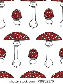 Seamless texture. Repeating background. Tile pattern with mushrooms. Wild red amanita, fly-agaric. It can be used as wallpaper, desktop, fabric, or background for your blog, covers and your design. 