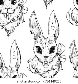 Seamless texture. Repeating background. Tile pattern with creative strange rabbits with long fangs. Light theme.