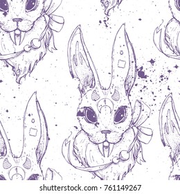 Seamless texture. Repeating background. Tile pattern with creative strange rabbits with long fangs. Light theme.