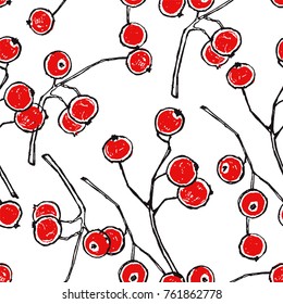 Seamless texture. Repeating background. Tile pattern with branches of viburnum with bright red berries. Light theme