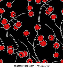 Seamless texture. Repeating background. Tile pattern with branches of viburnum with bright red berries. Dark theme.