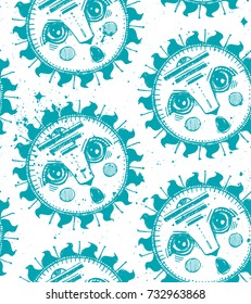 Seamless texture. Repeating background. Tiled pattern with blue suns with face on a white background. 