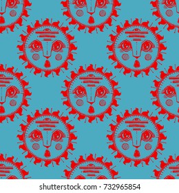 Seamless texture. Repeating background. Tiled pattern with red suns with face on a blue background. 