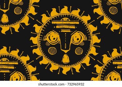 Seamless texture. Repeating background. Tiled pattern with yellow suns with face on a black background. 